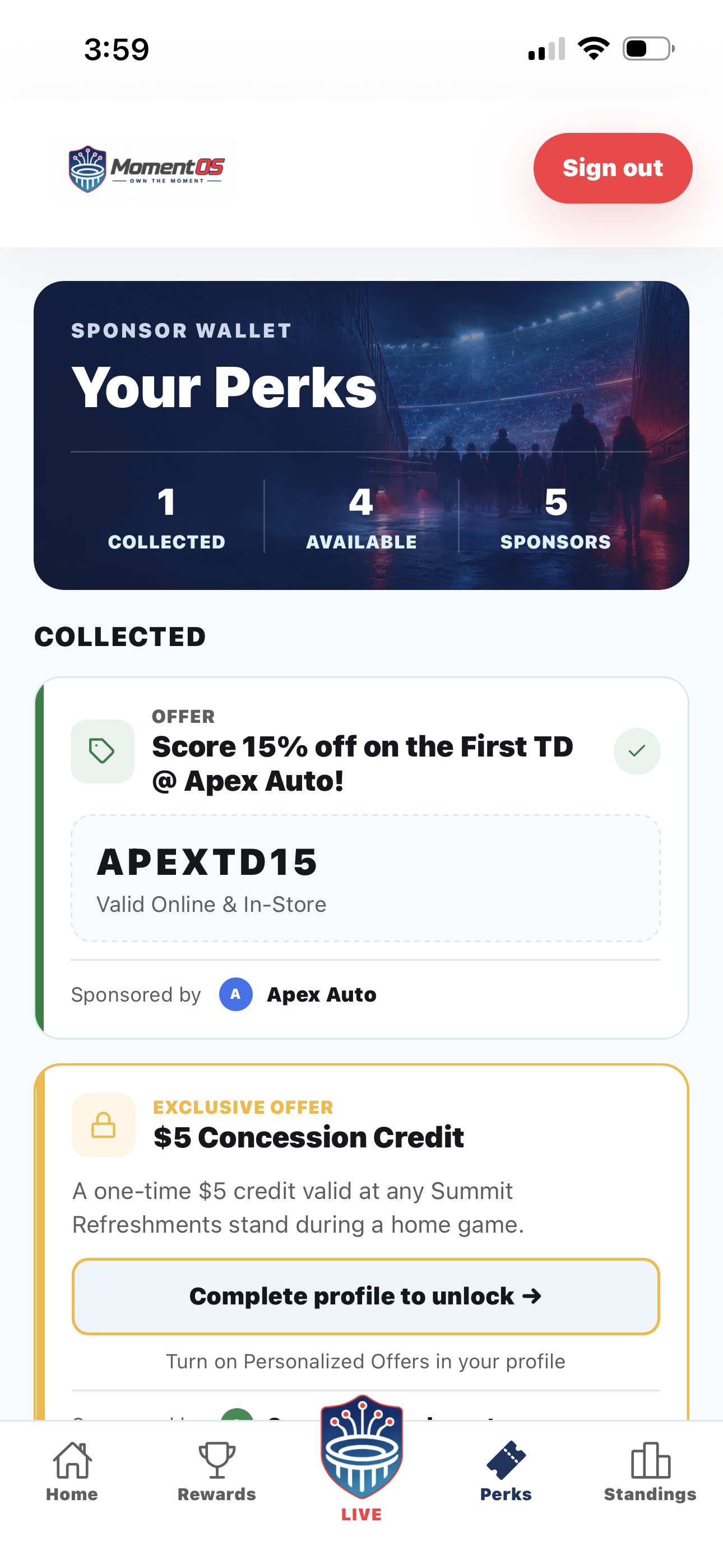 Fan claims offer and sees redemption code in MomentOS app
