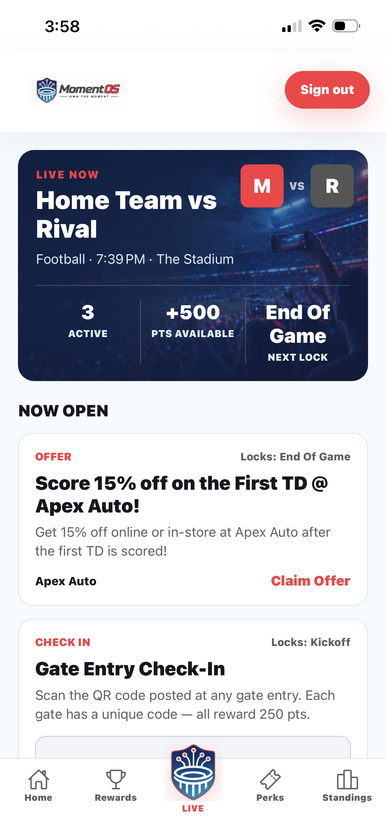 Fan sees live activation banner in MomentOS app
