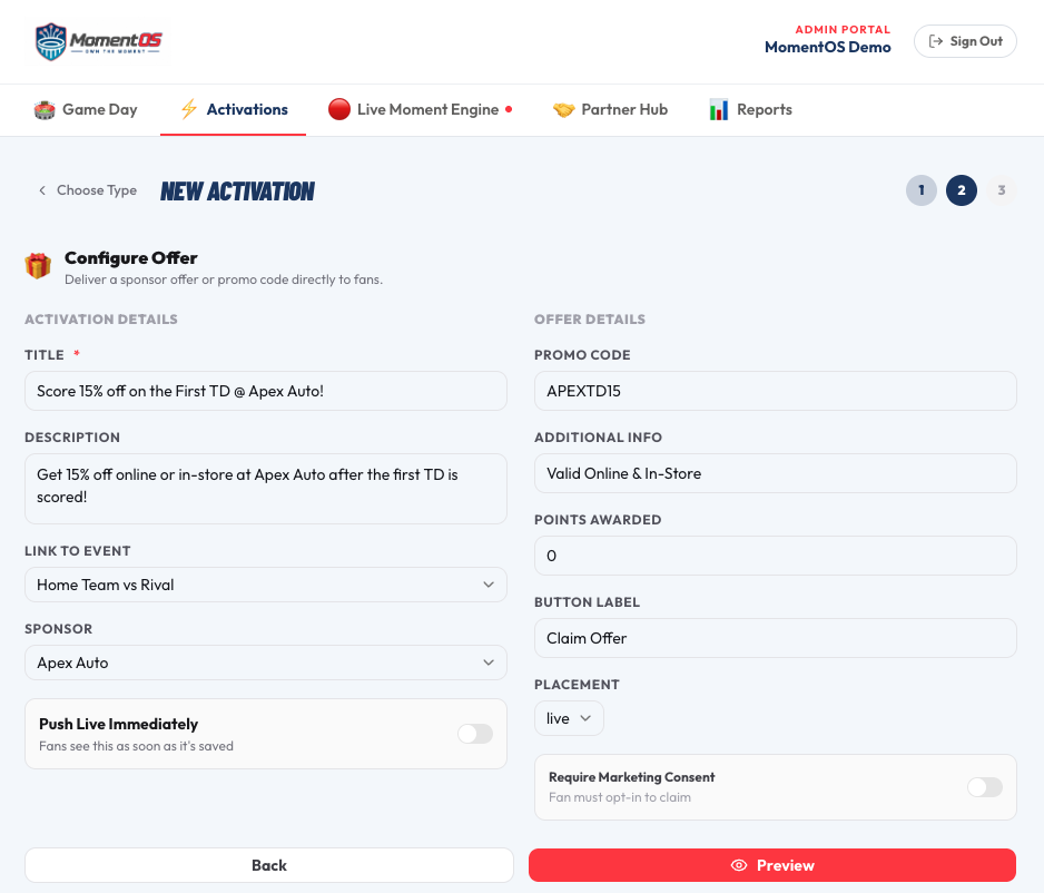 MomentOS Activation Builder — Configure step